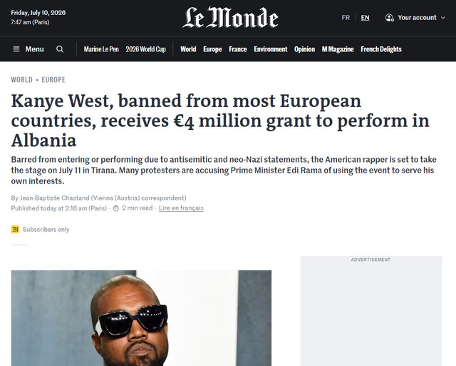 Le Monde: I ndaluar n&euml; shumic&euml;n e vendeve evropiane, Kanye West merr 4