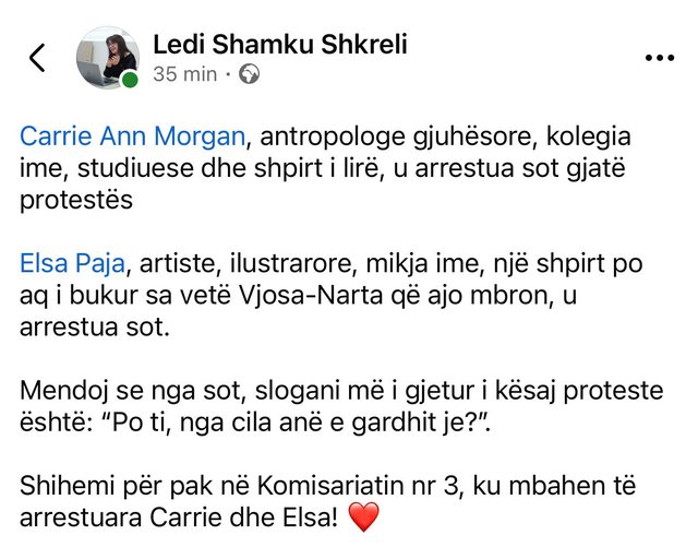 Ish-deputetja socialiste Ledi Shamku denoncon arrestimet e dy aktivisteve pas