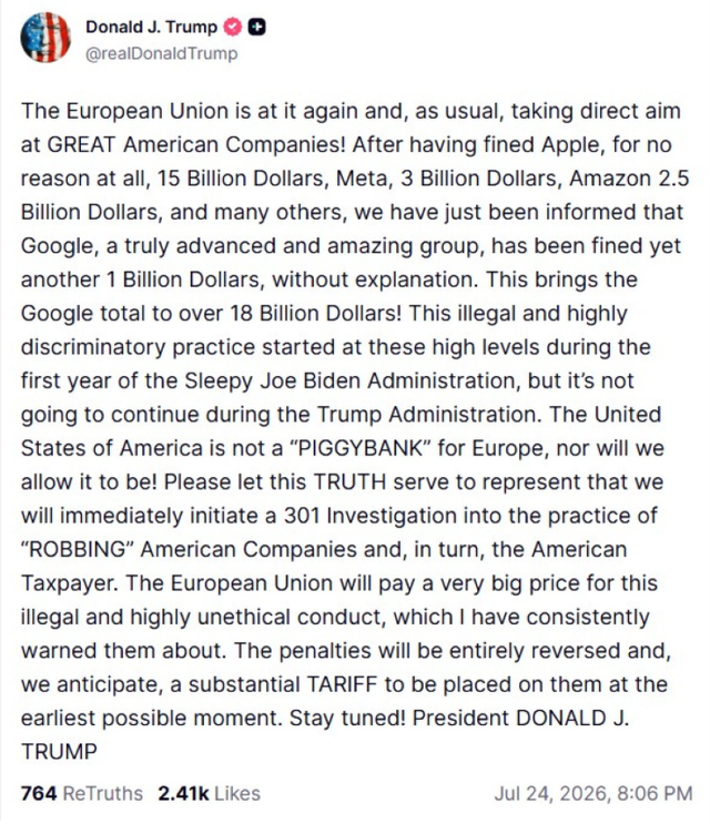 Gjoba ndaj Google/ Trump sulmon BE-në: SHBA nuk është