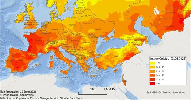 Harta e të nxehtit në Europë, qendra e Shqipërisë po