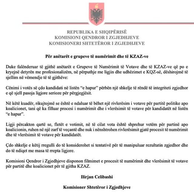 Celibashi mesazh anëtarëve të grupeve të numërimit dhe