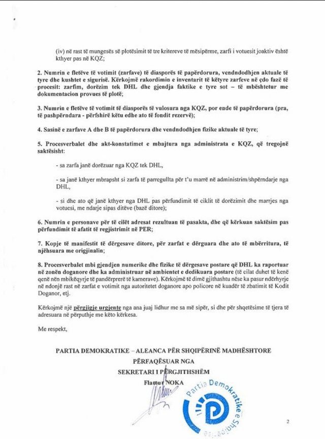 Dokumenti/ PD i kërkon KQZ-së dokumentacionin e procesit të