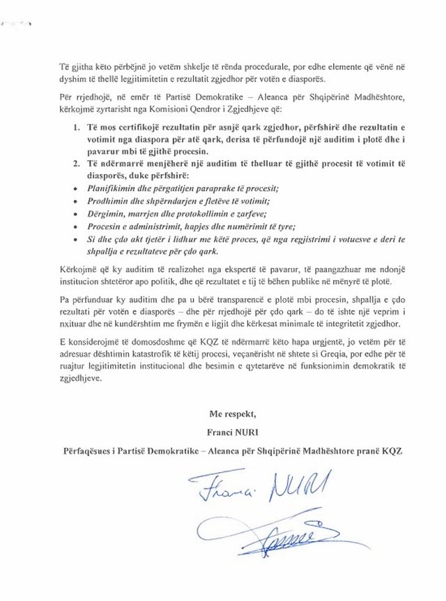 Document/ DP asks the CEC to audit and not certify the results of the diaspora