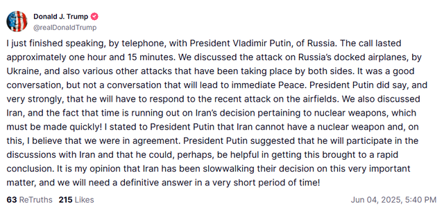 Trump calls Putin, warns Ukraine that Russia will respond to attack on airbases