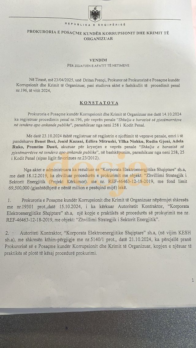 Document/ Benet Beci was taken into custody by SPAK before the elections