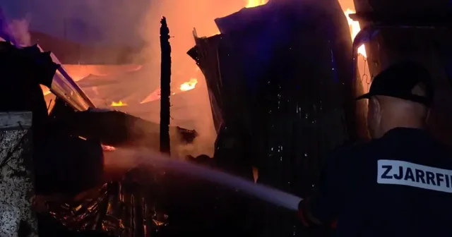 A stable in Fier is engulfed in flames, agricultural equipment and haystacks are