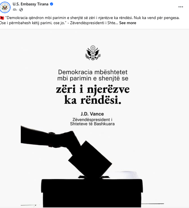Shprehja e zv/Presidentit Vance shpërndarë nga Ambasada Amerikane: Ku