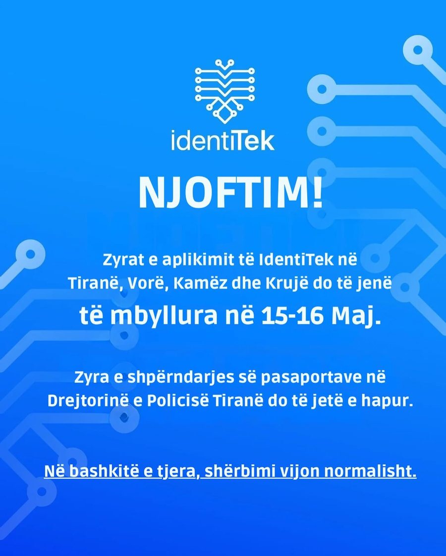 IdentiTek njofton: Zyrat në Tiranë, Vorë, Kamëz dhe