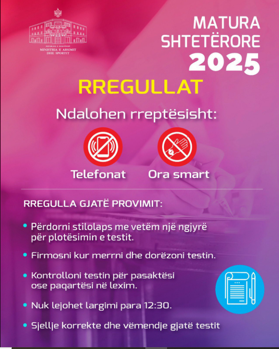 Nesër provimi i parë i Maturës Shtetërore - Ministrja e