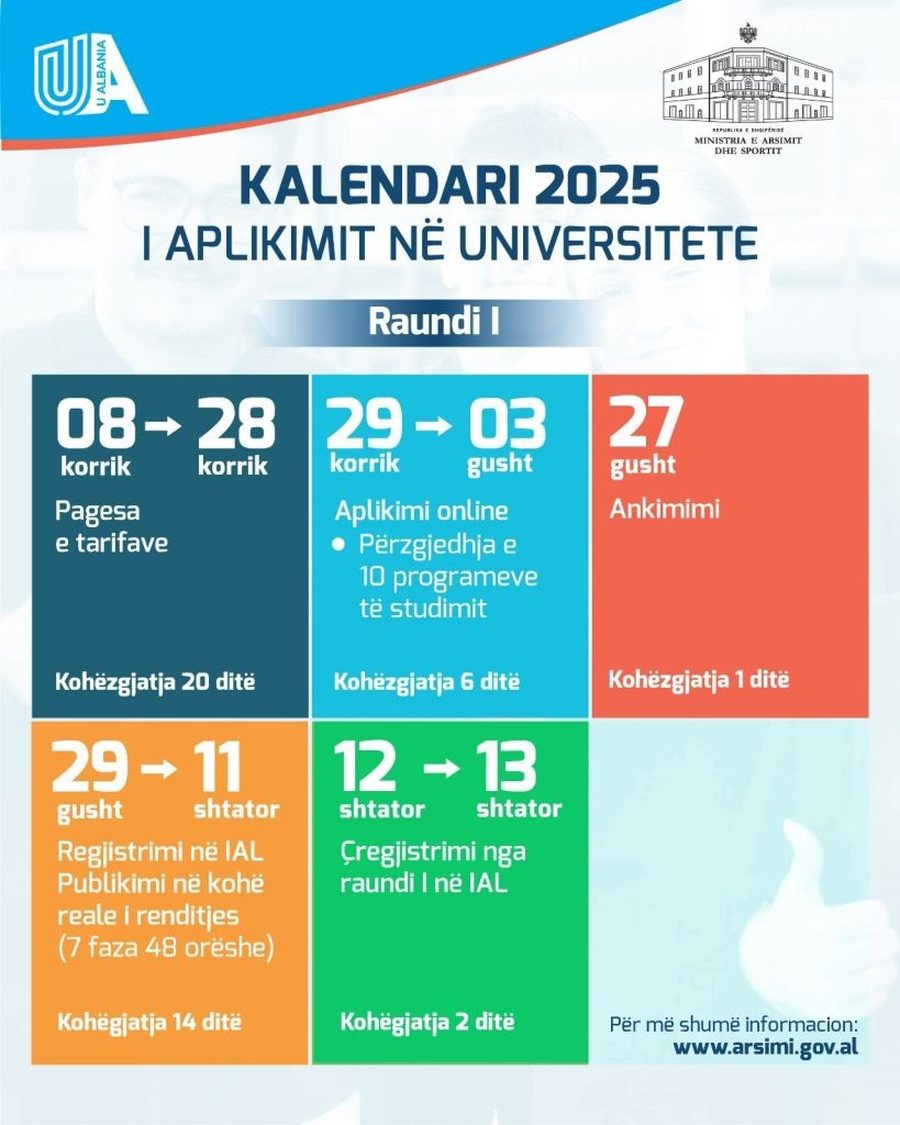 Publikohet kalendari për aplikimin dhe regjistrimin në Universitete!