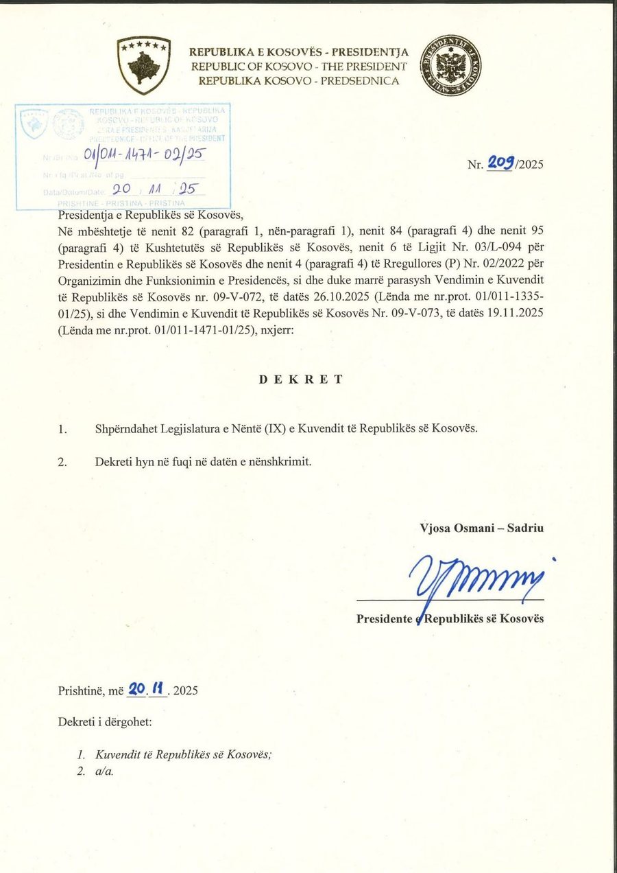 Kosovo, President Omani dissolves the Parliament - Proposal: Early elections to