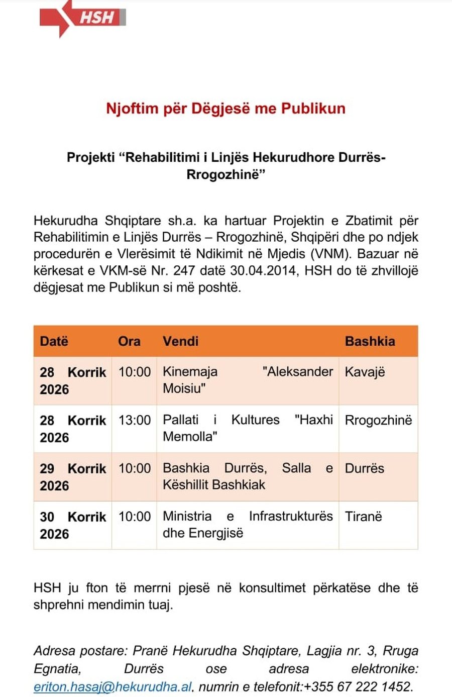 Rehabilitimi i linjës Durrës – Rrogozhinë/ Hekurudha