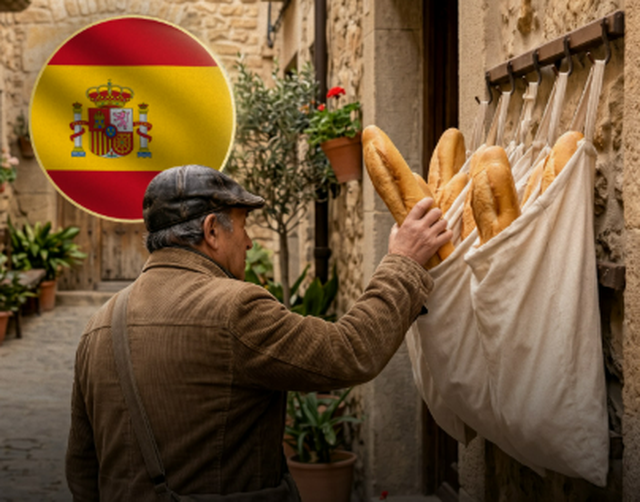 In Spain, unsold bread is left out at night to be picked up by people in need