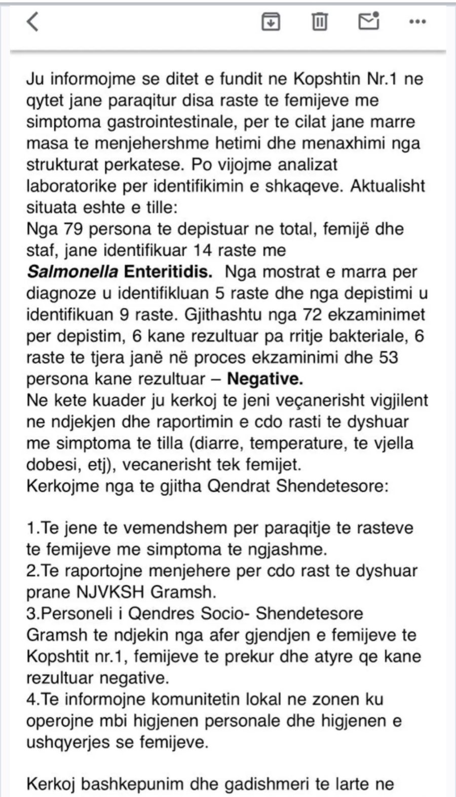 14 raste me salmonelë në Gramsh, Ministria e