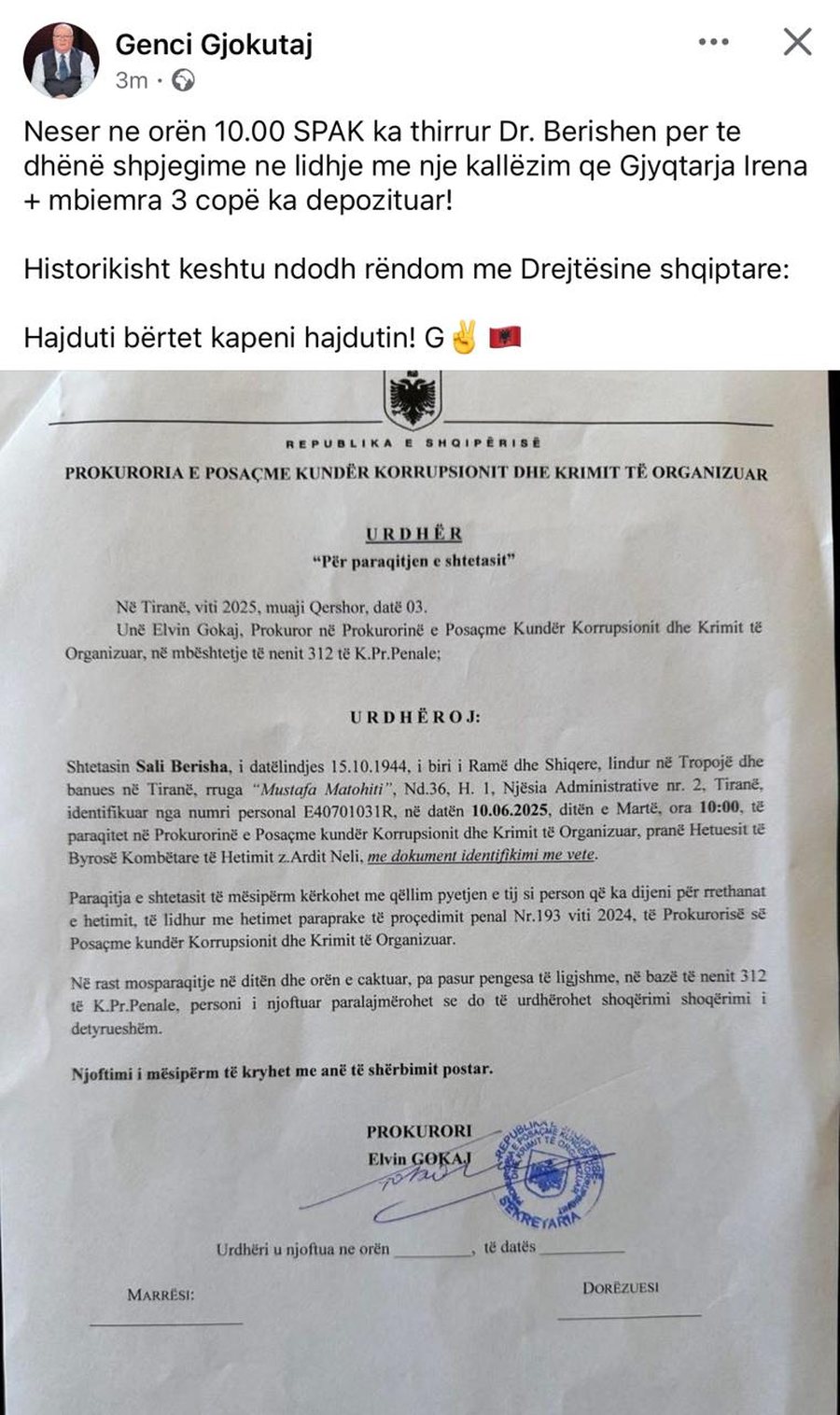 Kallëzimi i bërë nga gjyqtarja Irena Gjoka, Berisha shkon sot