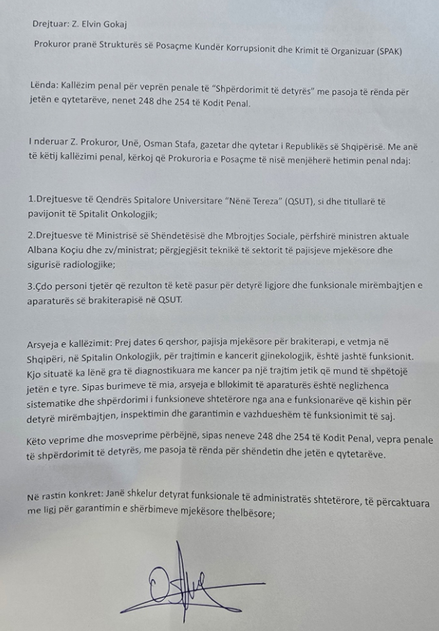 Gazetari padit në SPAK, Onkologjikun dhe ministren e