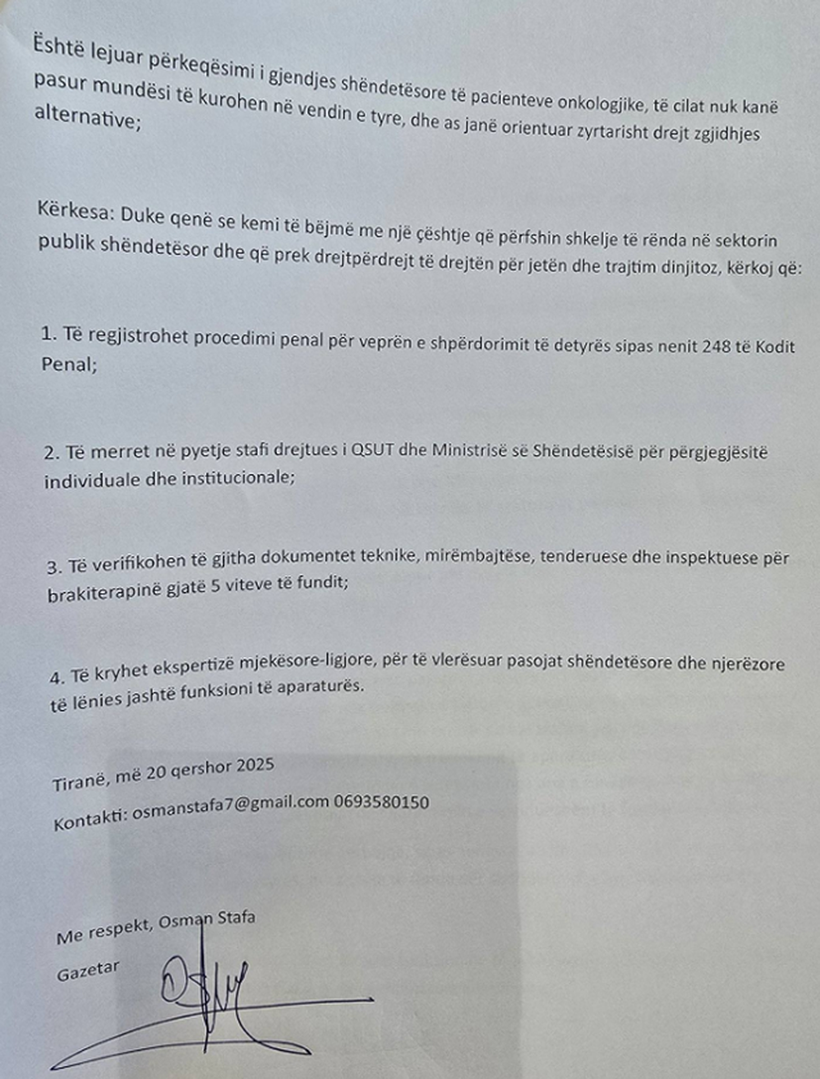 Gazetari padit në SPAK, Onkologjikun dhe ministren e