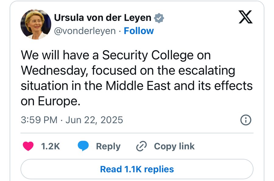 Tensionet në Lindjen e Mesme, Ursula Von der Leyen mbledhje urgjente