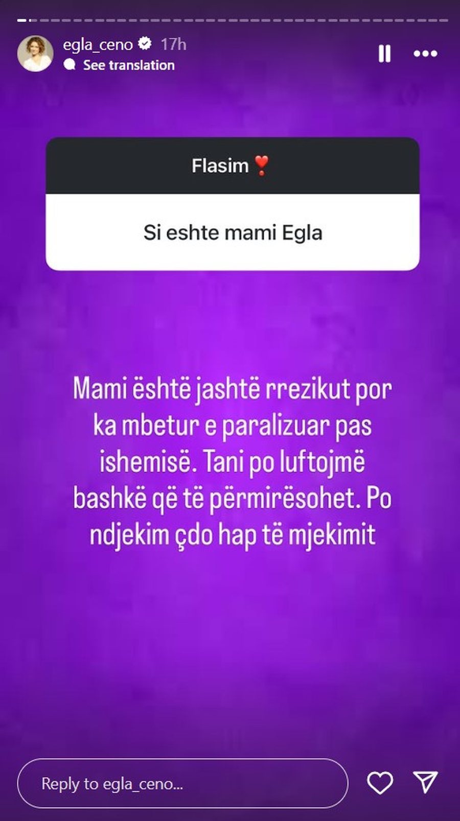“Ka mbetur e paralizuar”, Egla Ceno ndan lajmin e trishtë