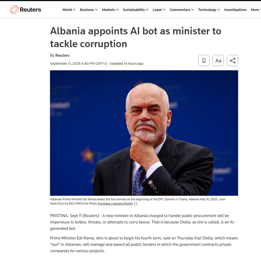 Ministrja virtuale, Reuters për "Diellën": Rama nuk dha