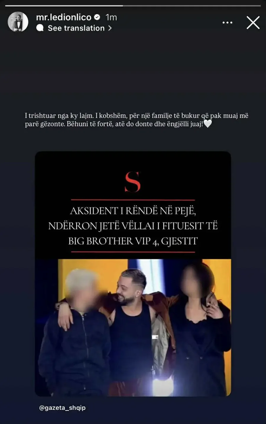Ledion Liço mesazh ngushëllues për Gjestin dhe familjen e tij: