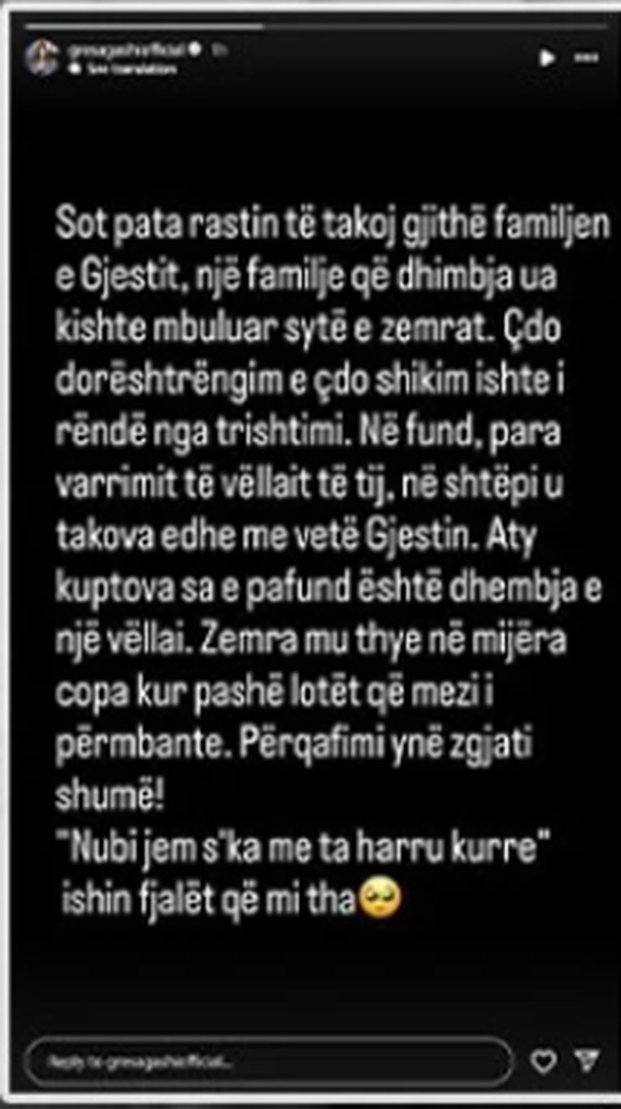 Gresa tregon se çfarë i tha Gjesti kur ajo e ngushëlloi