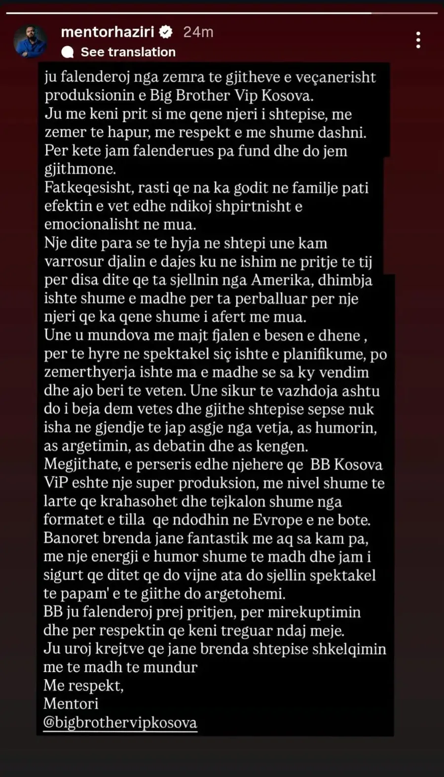 U largua papritmas nga BBVK, flet për herë të parë Mentor