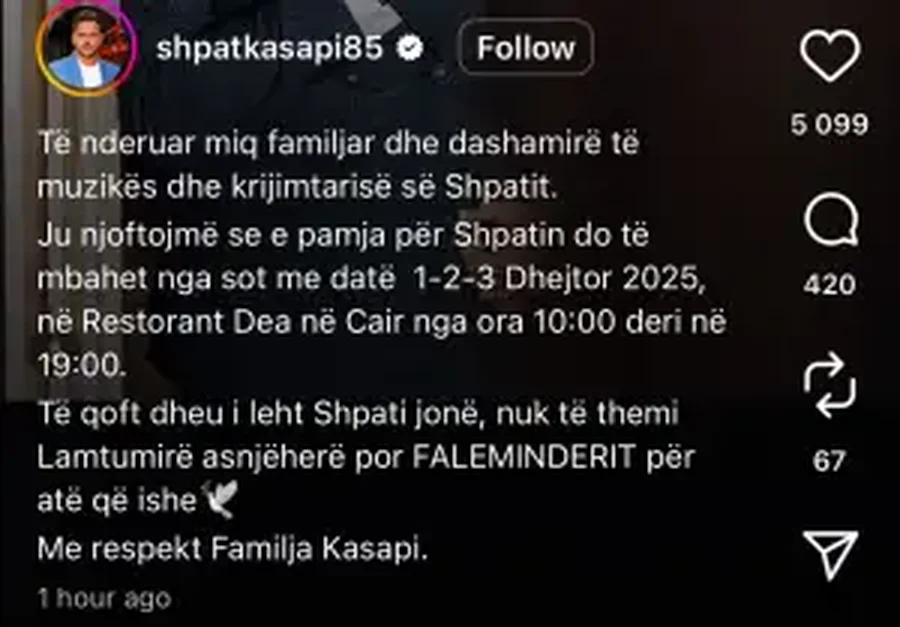 Ndarja parakohe nga jeta e Shpat Kasapit: Familja publikon njoftimin e