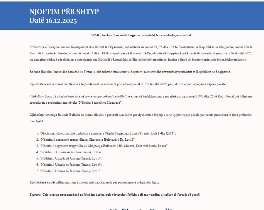 SPAK k&euml;rkoi heqjen e imunitetit dhe arrestimin e Ballukut, zbulohet data