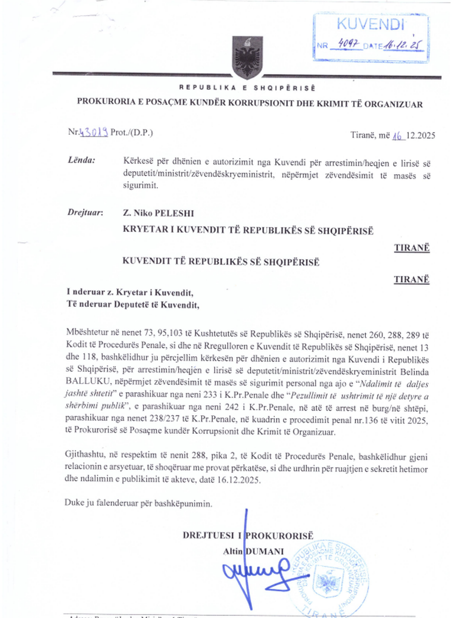 SPAK k&euml;rkoi heqjen e imunitetit dhe arrestimin e Ballukut, zbulohet data