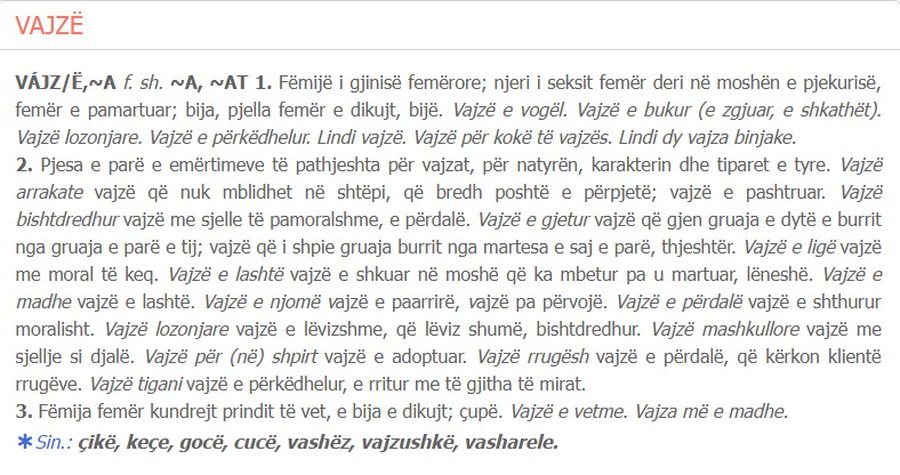 SKANDAL n&euml; Fjalorin e Madh t&euml; Gjuh&euml;s Shqipe: &ldquo;Vajza&rdquo;