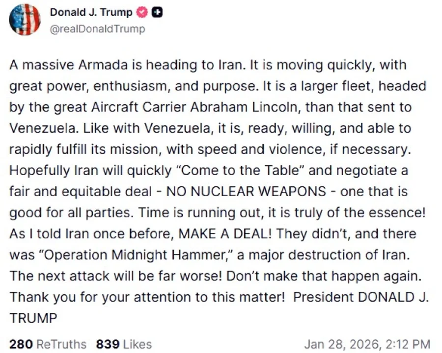 Trump: Forcë e madhe detare amerikane po lëviz drejt Iranit, koha po