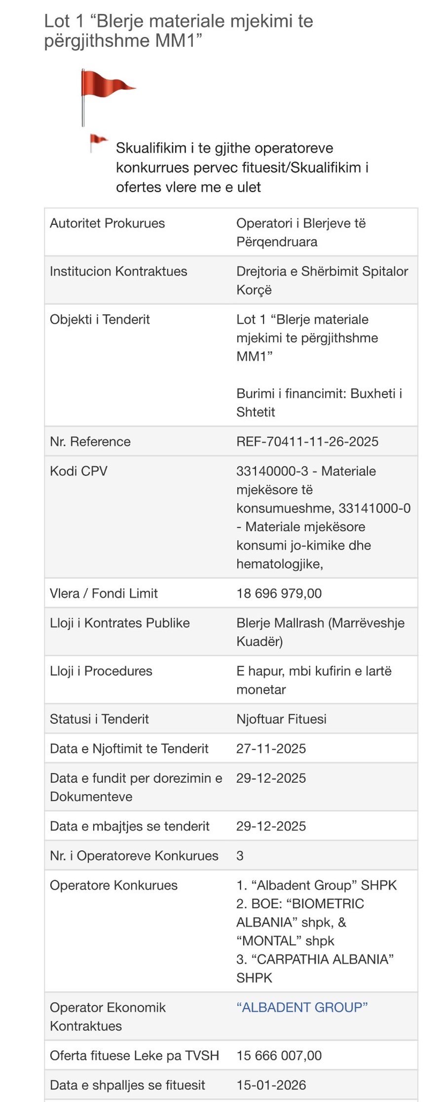 Tender qindra mij&euml;ra eurosh me 'flamur t&euml; kuq', Arlinda