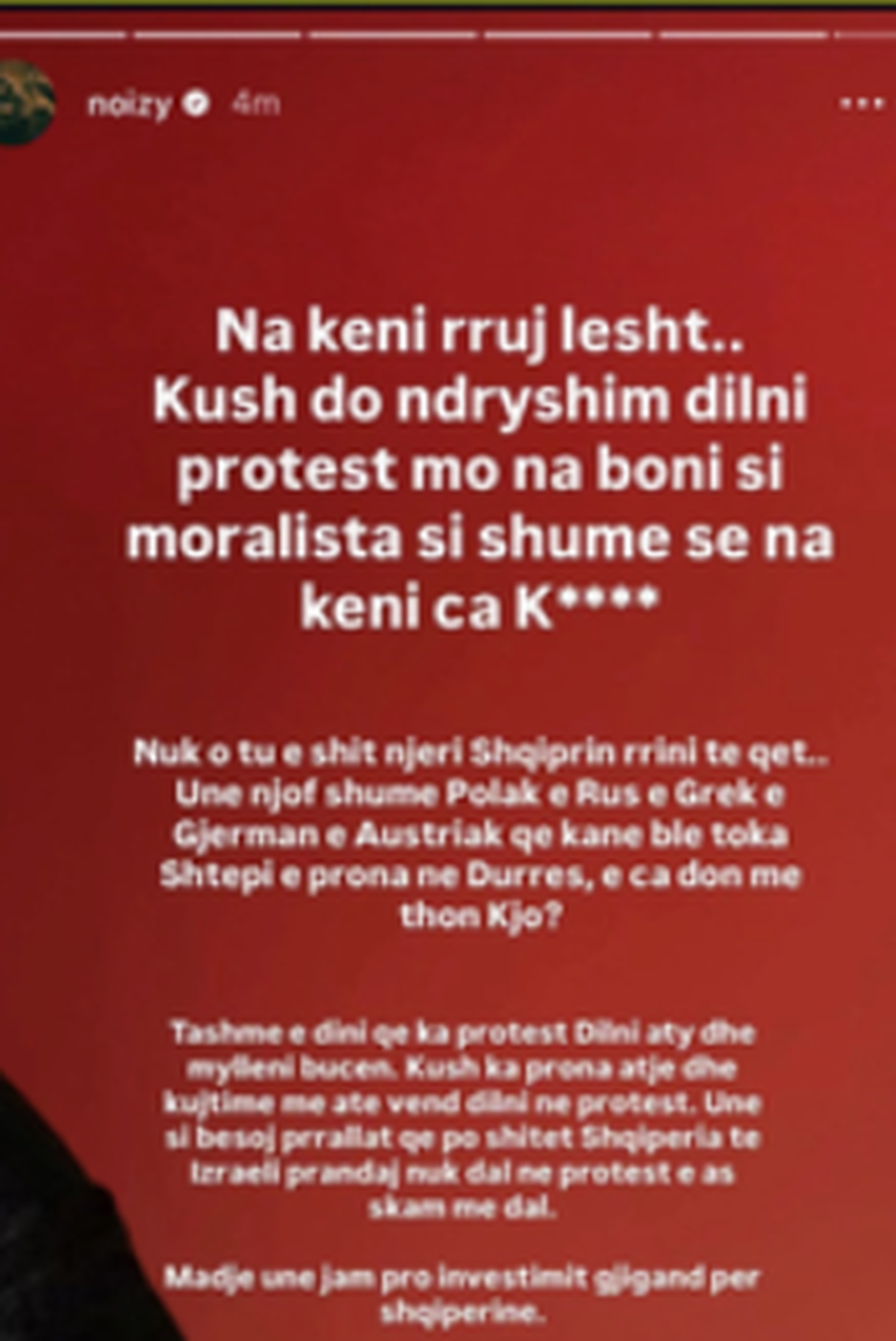 "Na keni rr*jt  lesht", &ldquo;T&euml;rbohet&rdquo; Noizy,