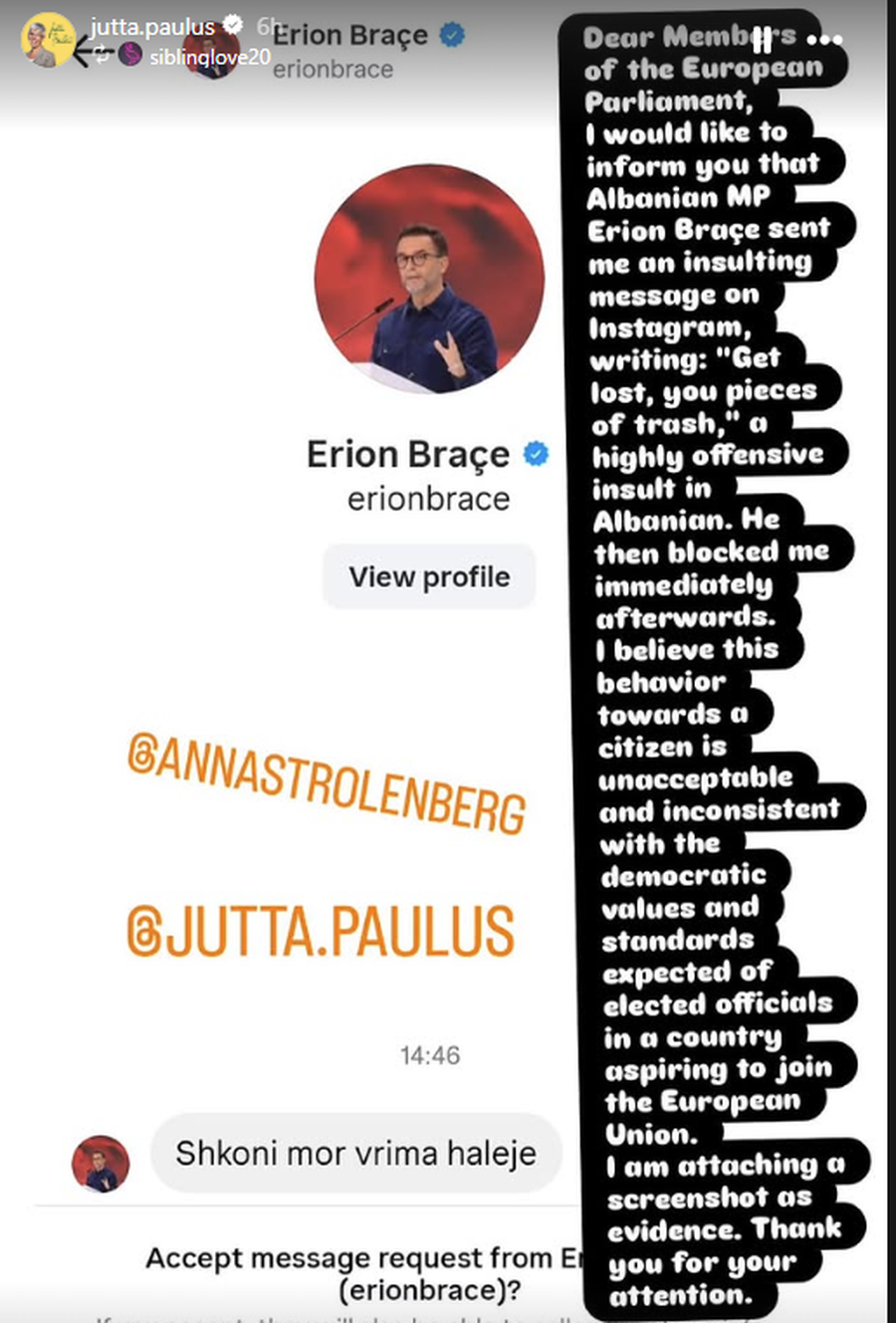 FOTO/ Eurodeputetja gjermane nxjerr mesazhet e Erion Bra&ccedil;es me