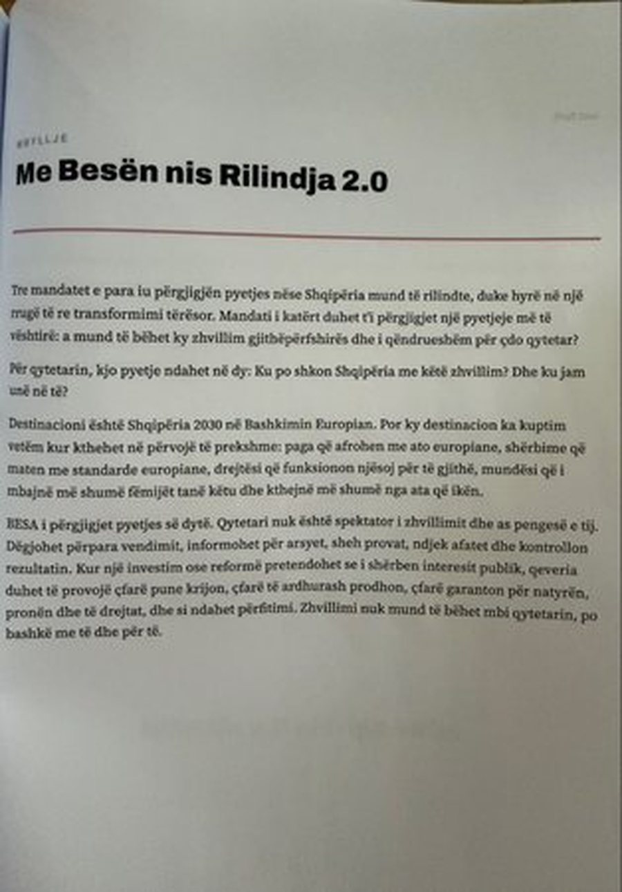 Strategjia &ldquo;BESA&rdquo;, zbardhet dokumenti q&euml; prezantoi Rama para