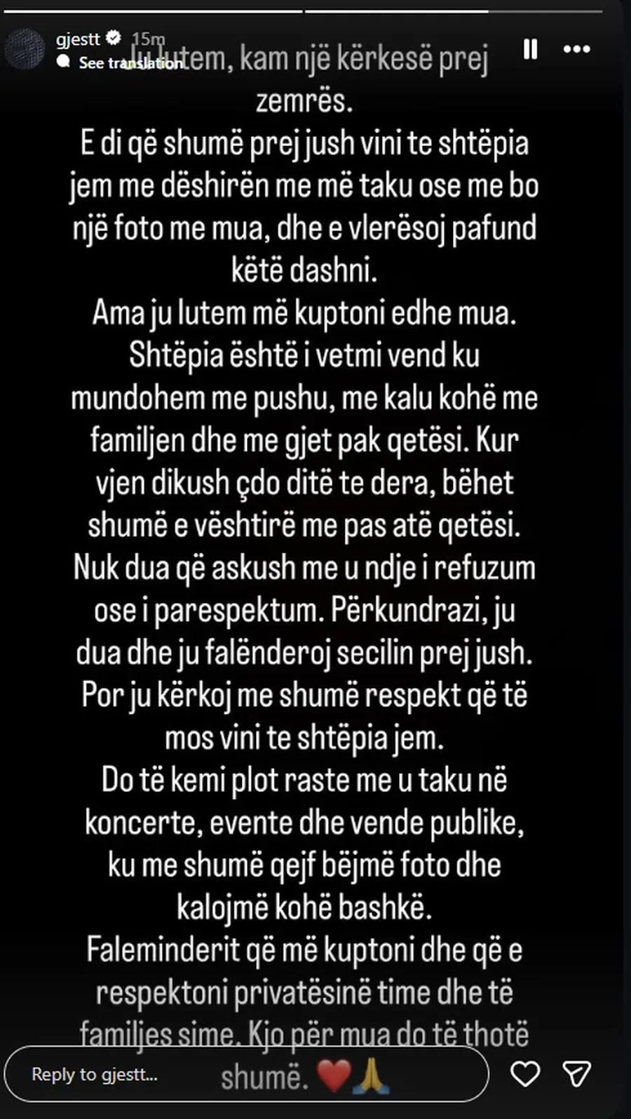 "Mos hajdeni tek shtëpia ime", Gjesti-fansave: Nuk pushoj dot kur