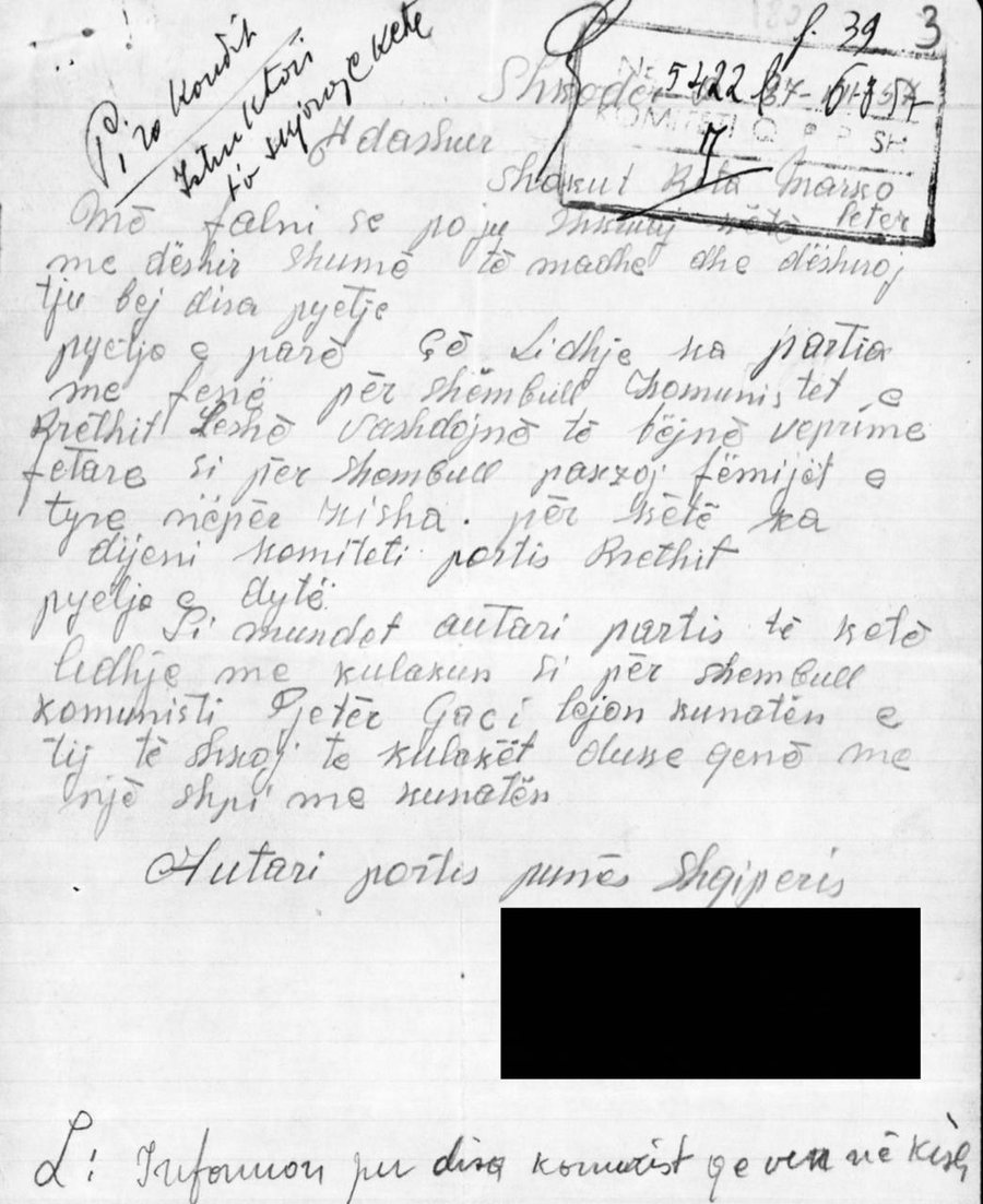Letra e vitit 1957: Një komunist nga Lezha denoncon shokët që