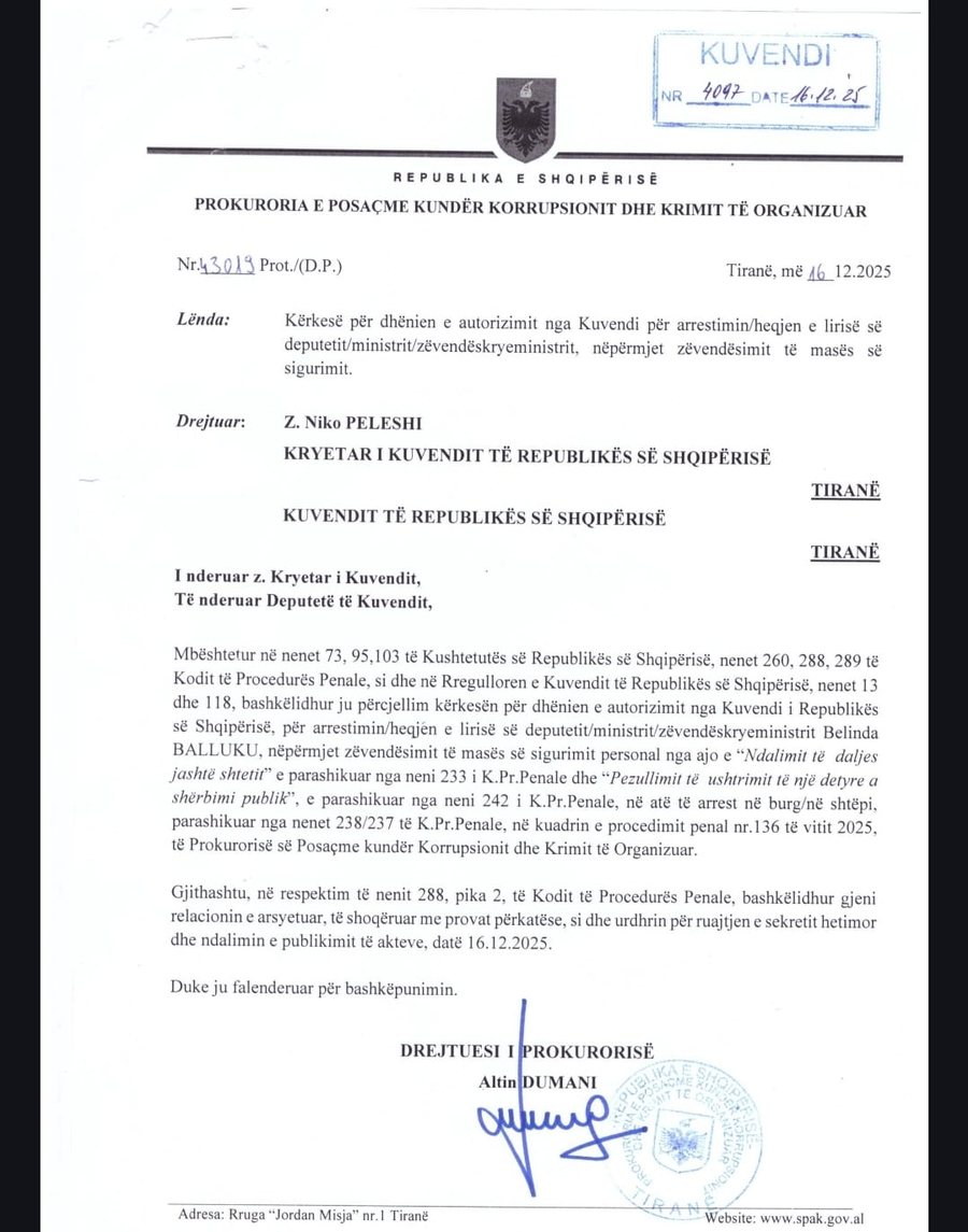 SPAK k&euml;rkon autorizim nga Kuvendi p&euml;r arrestimin e Belinda Ballukut