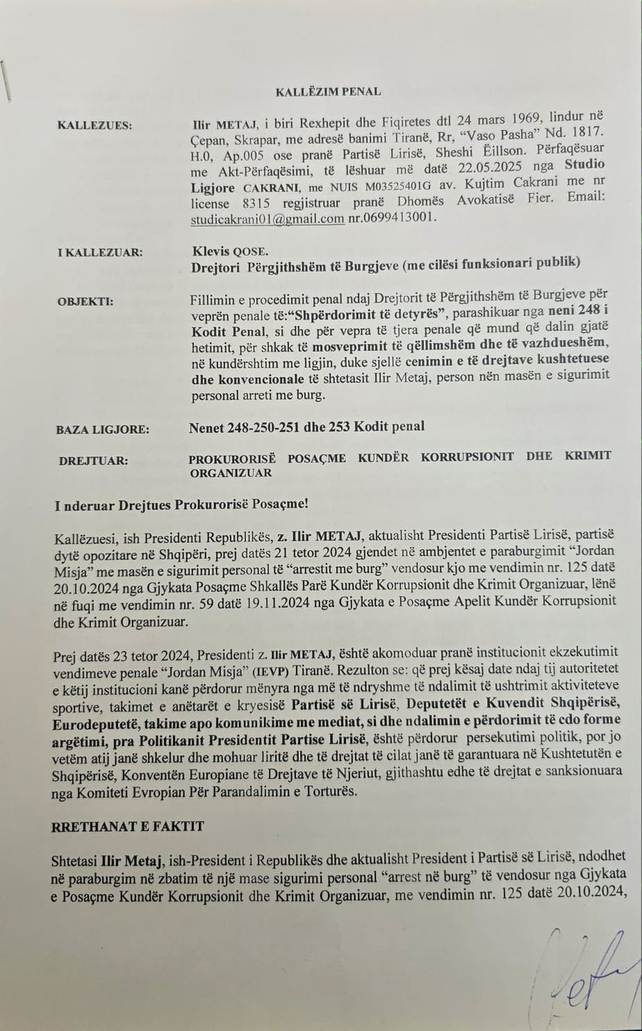 Meta kall&euml;zon n&euml; SPAK drejtorin e P&euml;rgjithsh&euml;m t&euml;