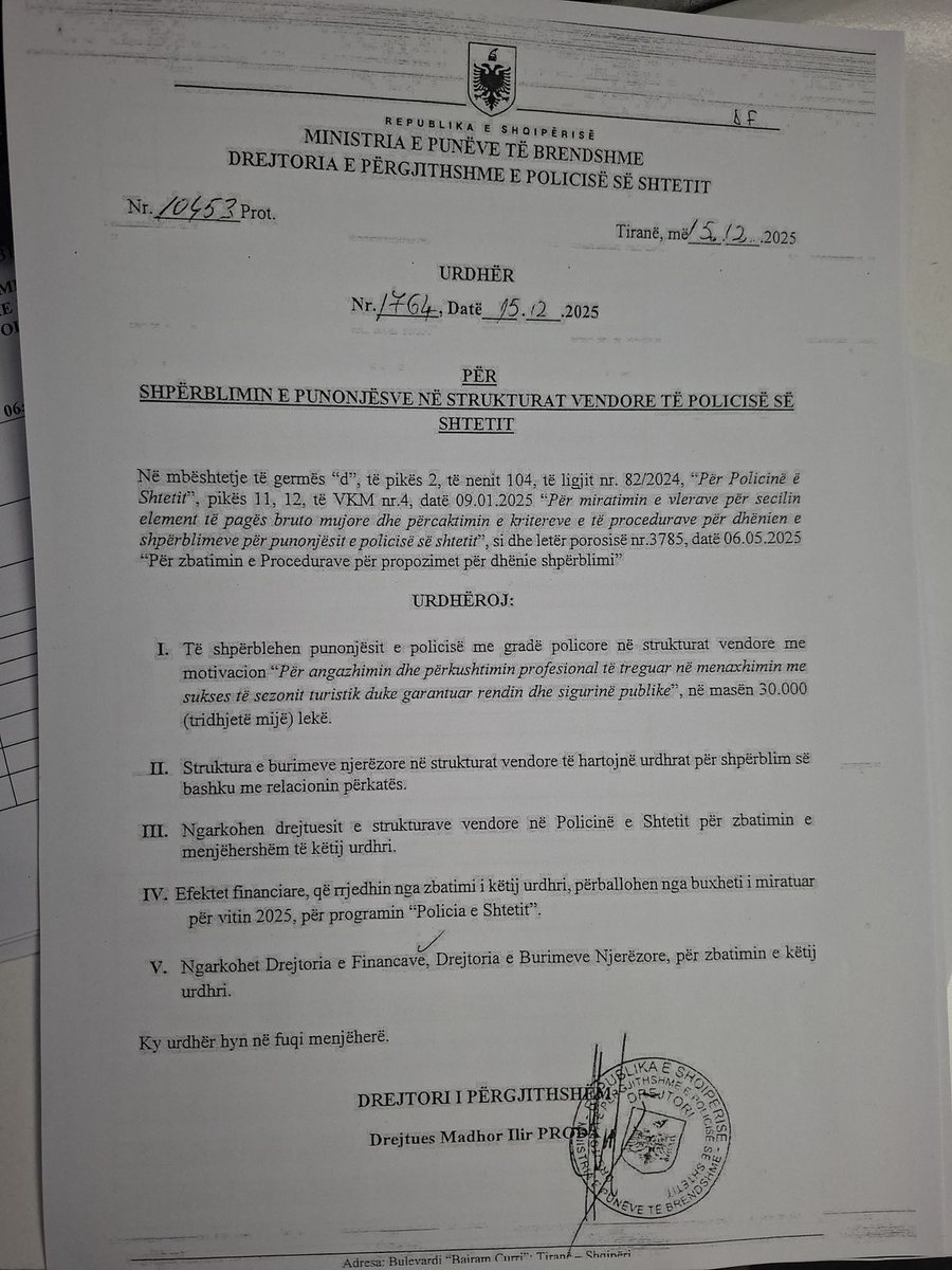Urdhri i Prod&euml;s p&euml;r shp&euml;rblim p&euml;r polic&euml;t mbetet