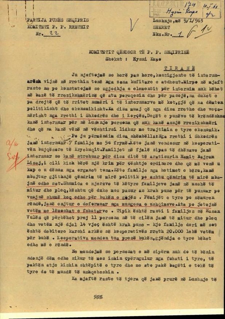 Internimi si mjet kontrolli: Dokumenti sekret i vitit 1963 drejtuar Hysni Kapos