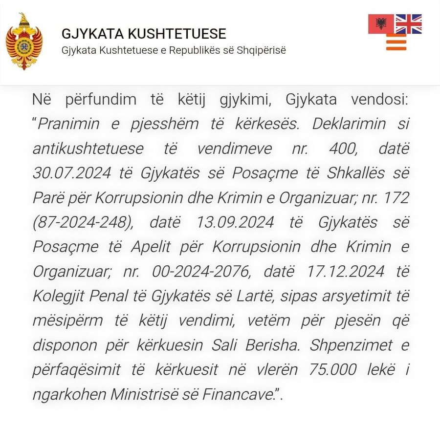 Kushtetuesja jo vetëm i dha të drejtë Sali Berishës për