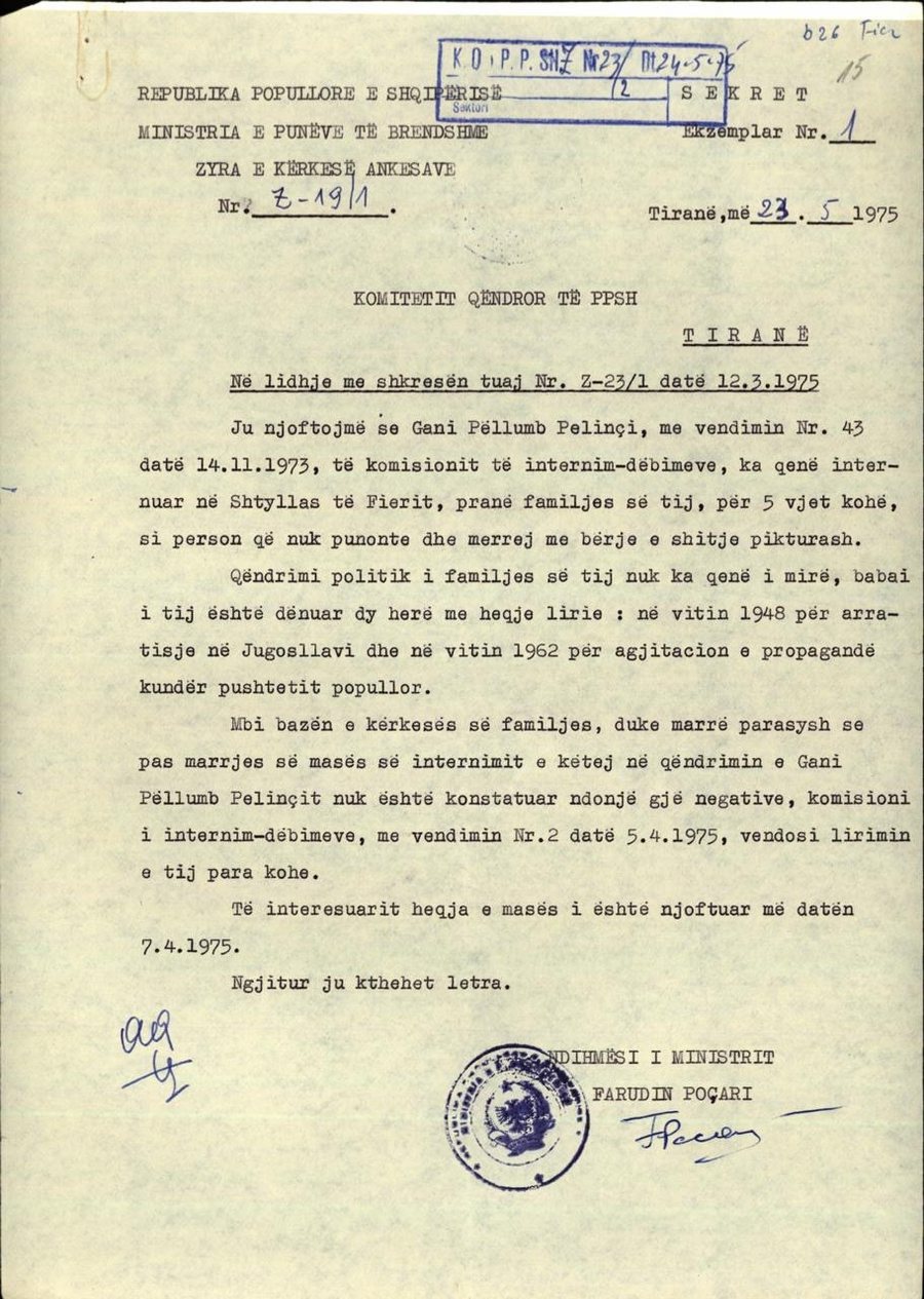 Letra q&euml; e shp&euml;toi nga internimi / Historia e P&euml;llumb