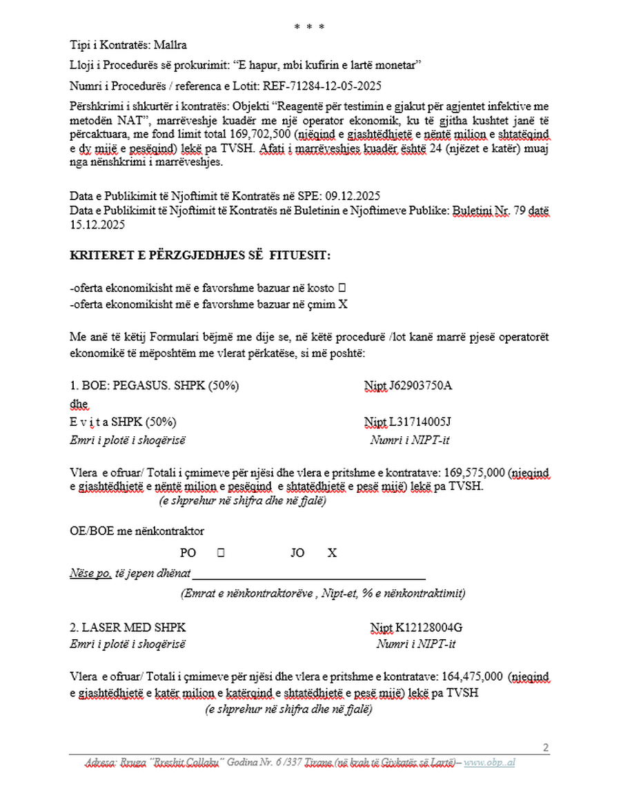 Tenderi për reagentët e analizave të gjakut/ Allajbeu fiton me