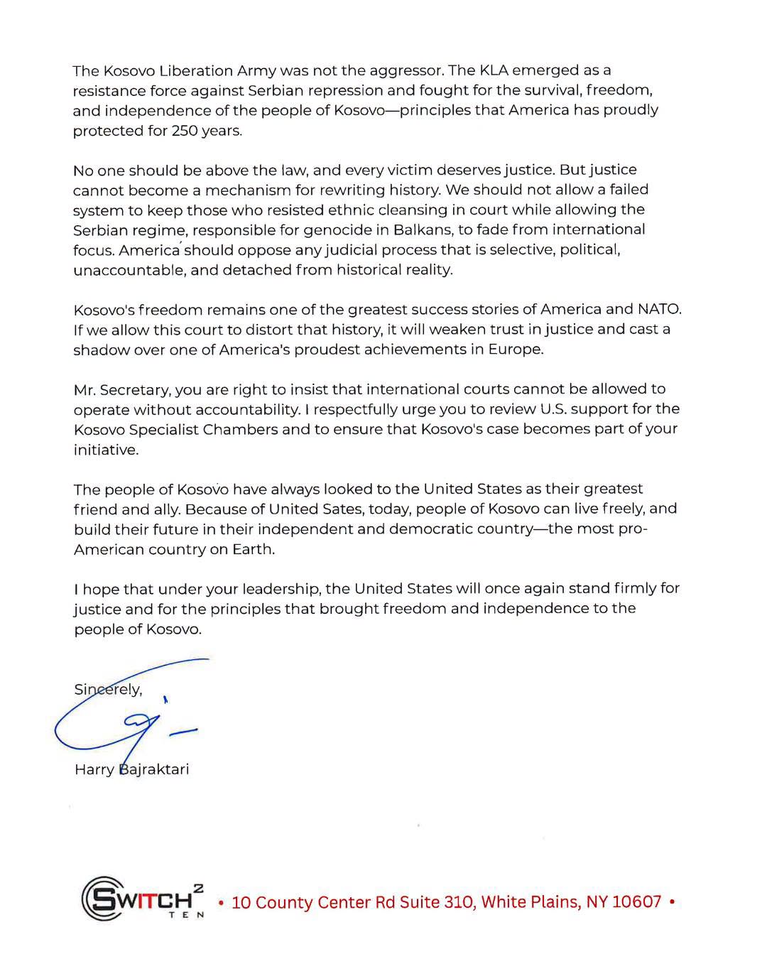 Harry Bajraktari's letter to Marco Rubio: Reconsider US support for the