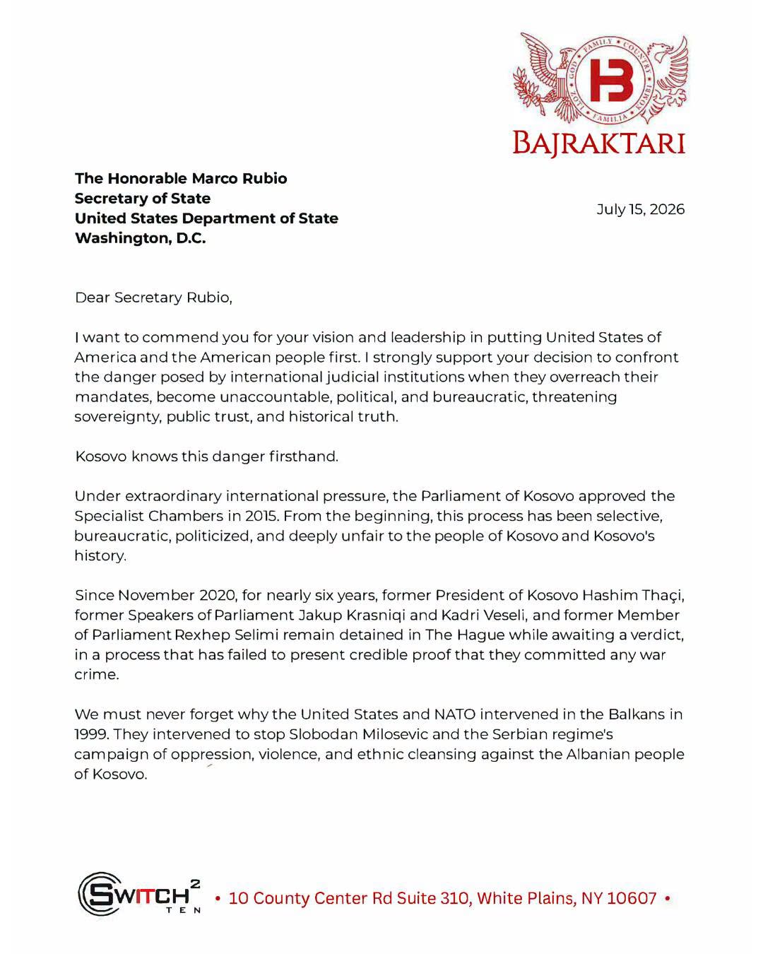 Harry Bajraktari's letter to Marco Rubio: Reconsider US support for the