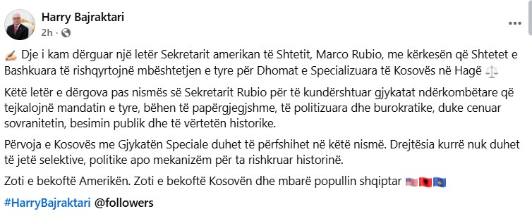Harry Bajraktari's letter to Marco Rubio: Reconsider US support for the