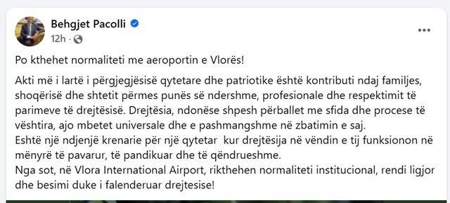 Aeroporti i VLORËS Pacolli shkruan se u kthye normaliteti, Ademi