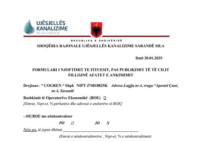 Skualifikohet 1 vit nga tenderët “Cogren”, firma e preferuar e